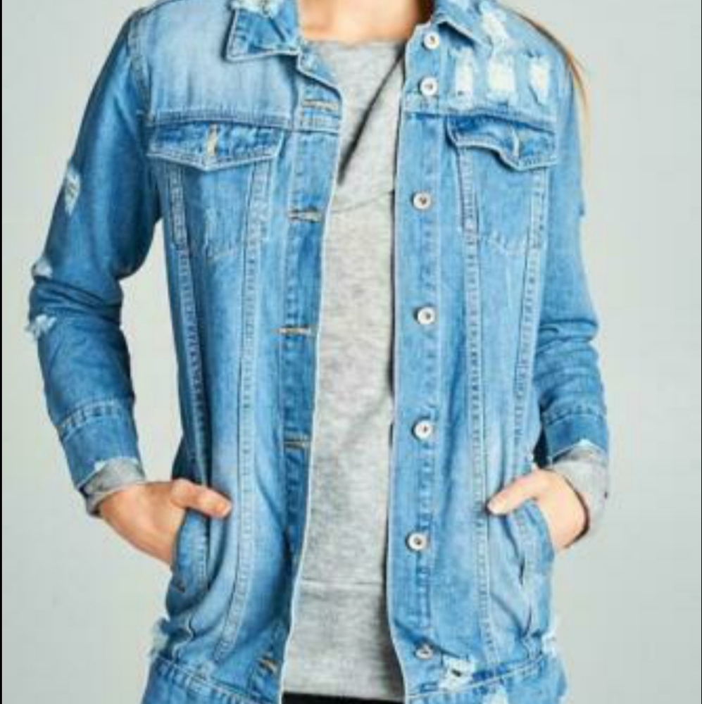 Distressed Long Denim Jacket - image 2